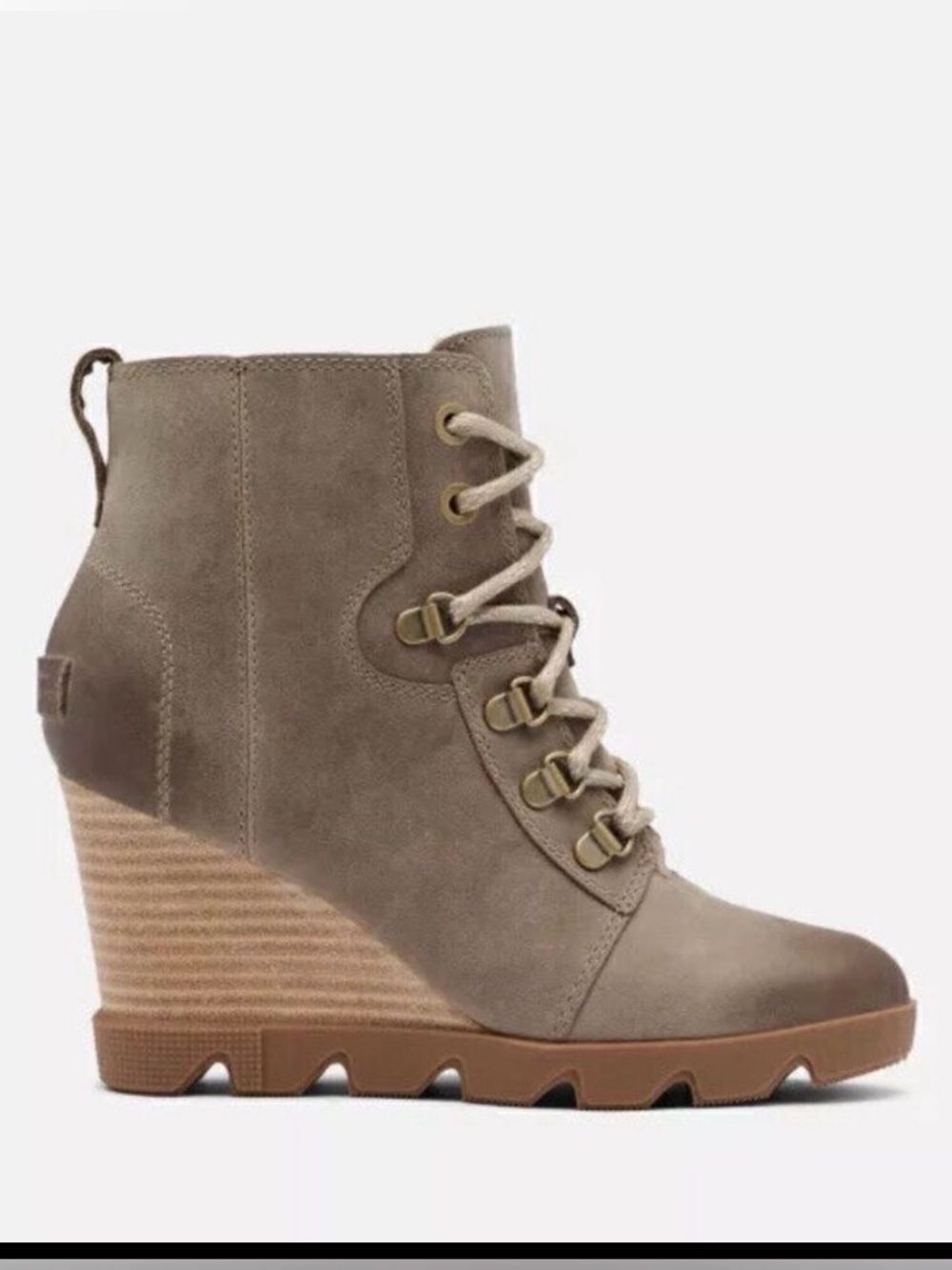 Sorel Joan Uptown Waterproof Wedge Bootie in mushroom. 8.5